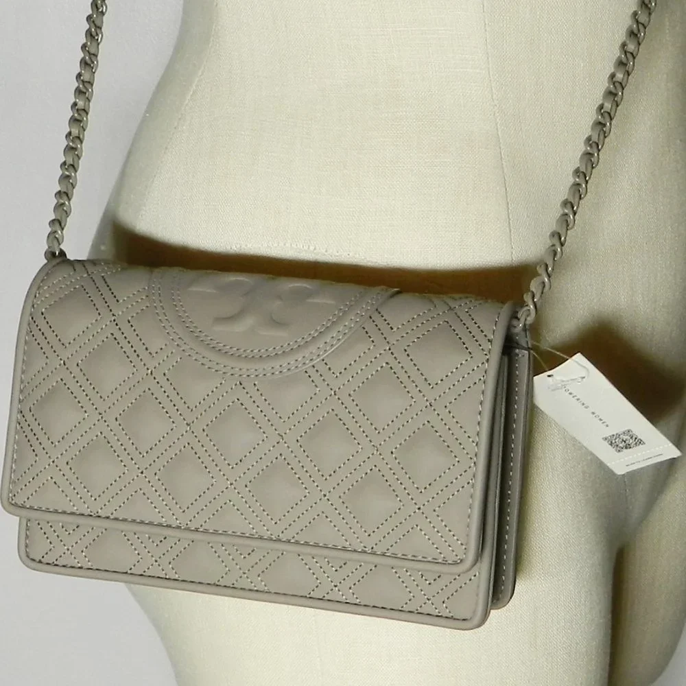 Tory Burch $448 142518 Fleming Matte Chain Wallet Grey Heron NWT!